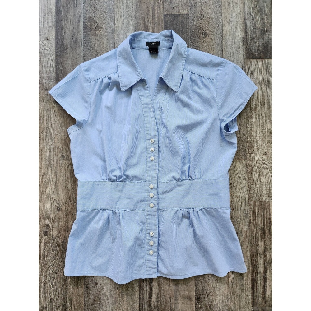 Women's Ann Taylor Pinstripe Short Cap Sleeve Collared Blouse Size 8 Blue Y2K